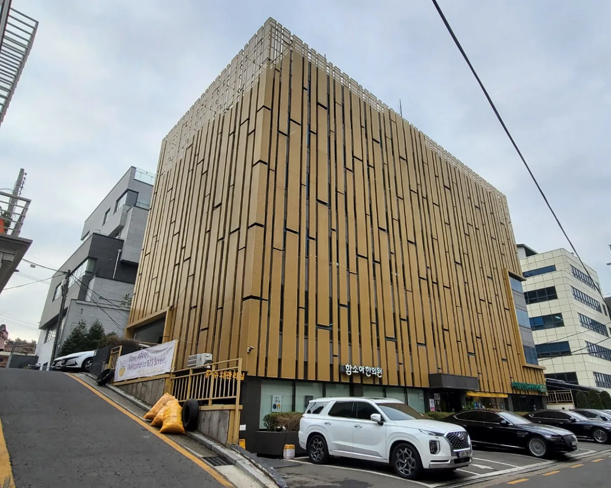 강남구 논현동 10-26 코너 전경 – 금색 세로 루버로 마감한 지상 6층 코너 빌딩