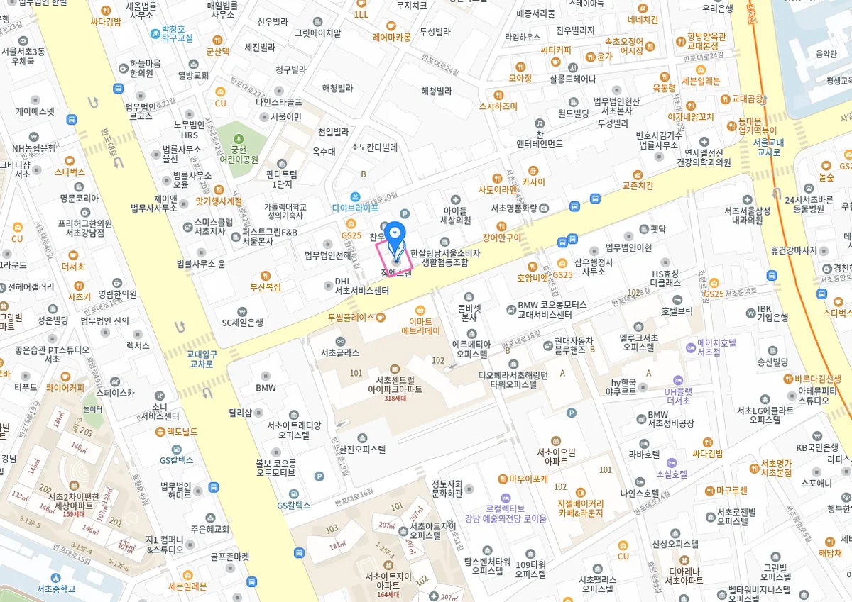 서초동 1580-11 위치 지도 – 교대역과 남부터미널역 사이 사임당로 대로변